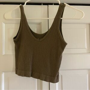 Urban Outfitters - Ribbed Cropped V-neck Tank - Olive Green - Size Medium